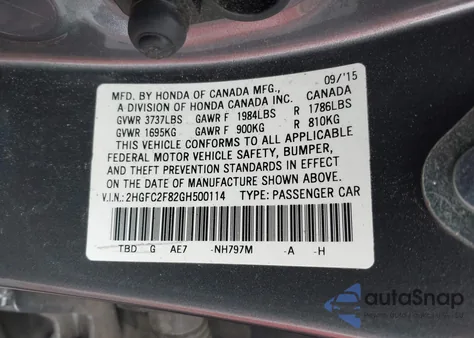 2016 Honda Civic Ex из США, поврежденный, VIN 2HGFC2F82GH500114